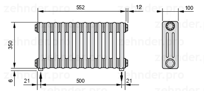 Схема (чертеж) Радиатор Zehnder Charleston 3035/12 №3570 Белый глянцевый RAL 9016